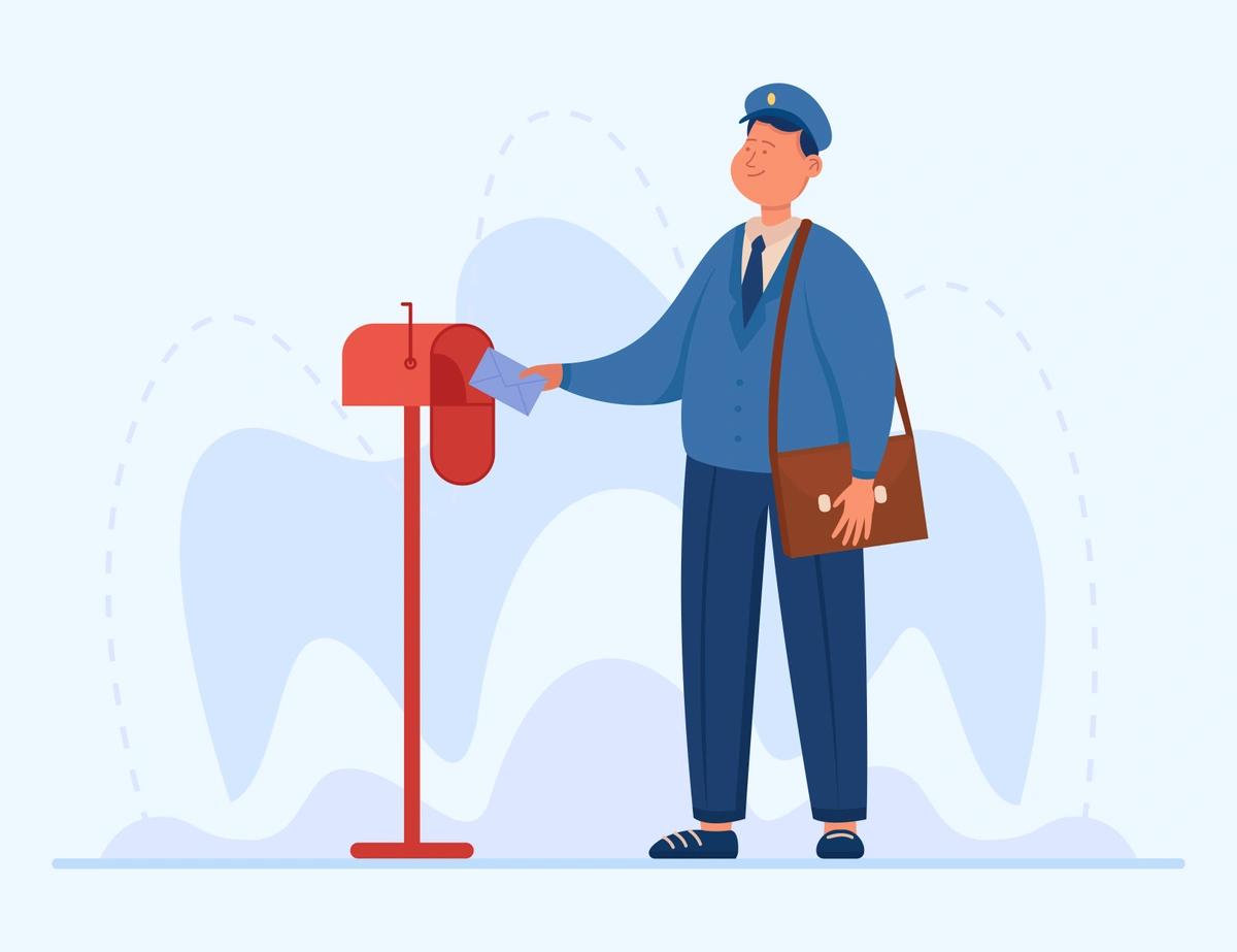 An illustration of a postman delivering letters into a mailbox.
