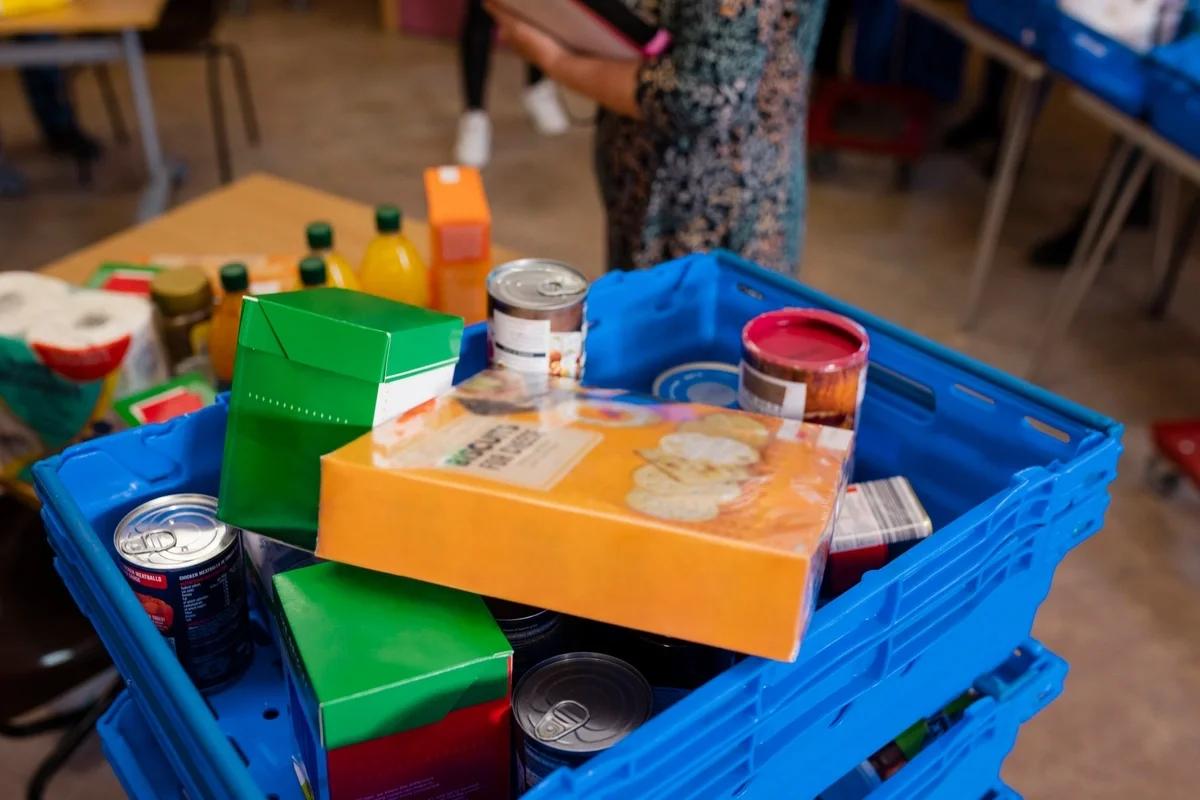 A crate of groceries at a food bank