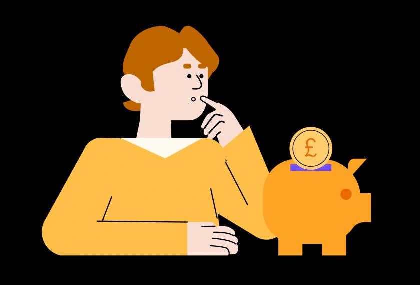 An illustration of a man with a piggybank