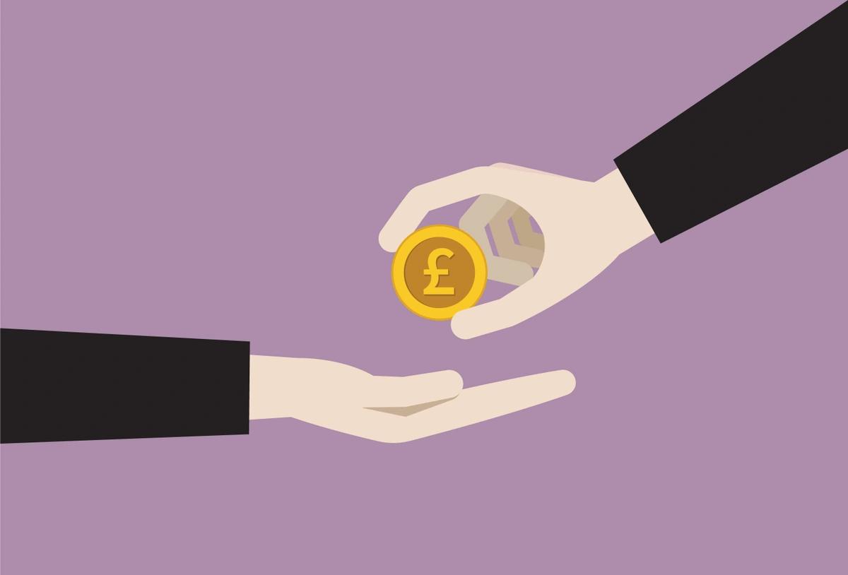 An illustration of a hand passing a £1 coin to someone else's hand.
