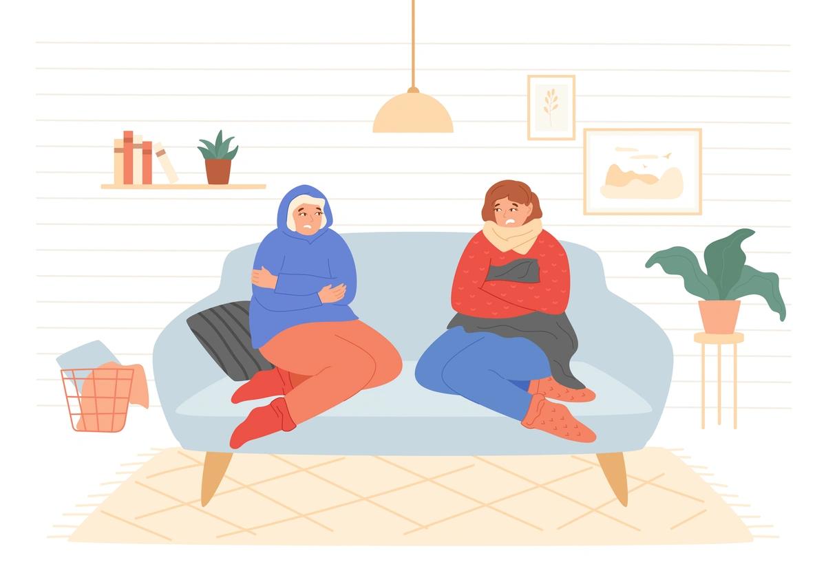 Illustration of cold woman in blanket next to radiator