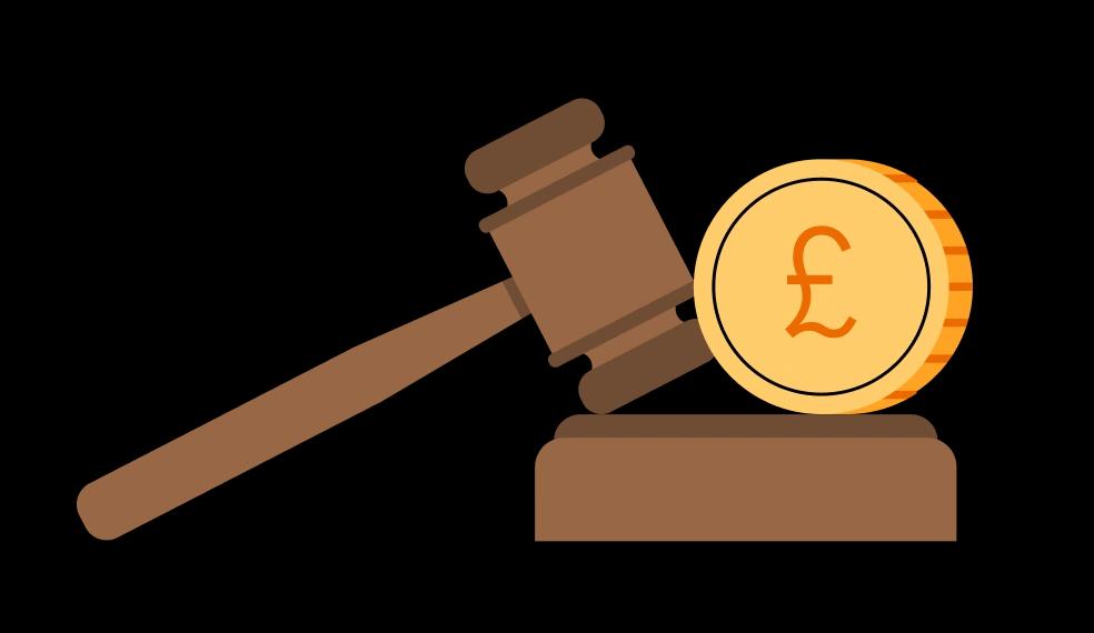 Illustration of a judge's gavel and block next to a pound coin