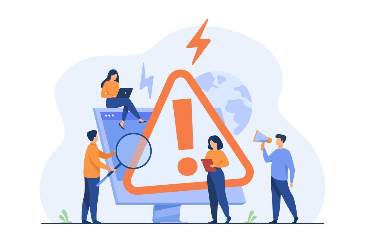 An illustration of tiny people examining a computer error with a globe silhouette in the background.