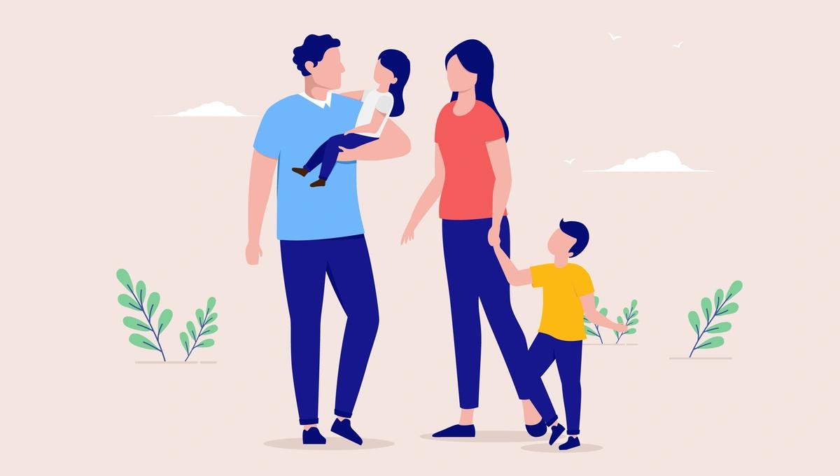 An illustration of a dad holding his daughter, standing next to his girlfriend/wife, who holds their son's hand.