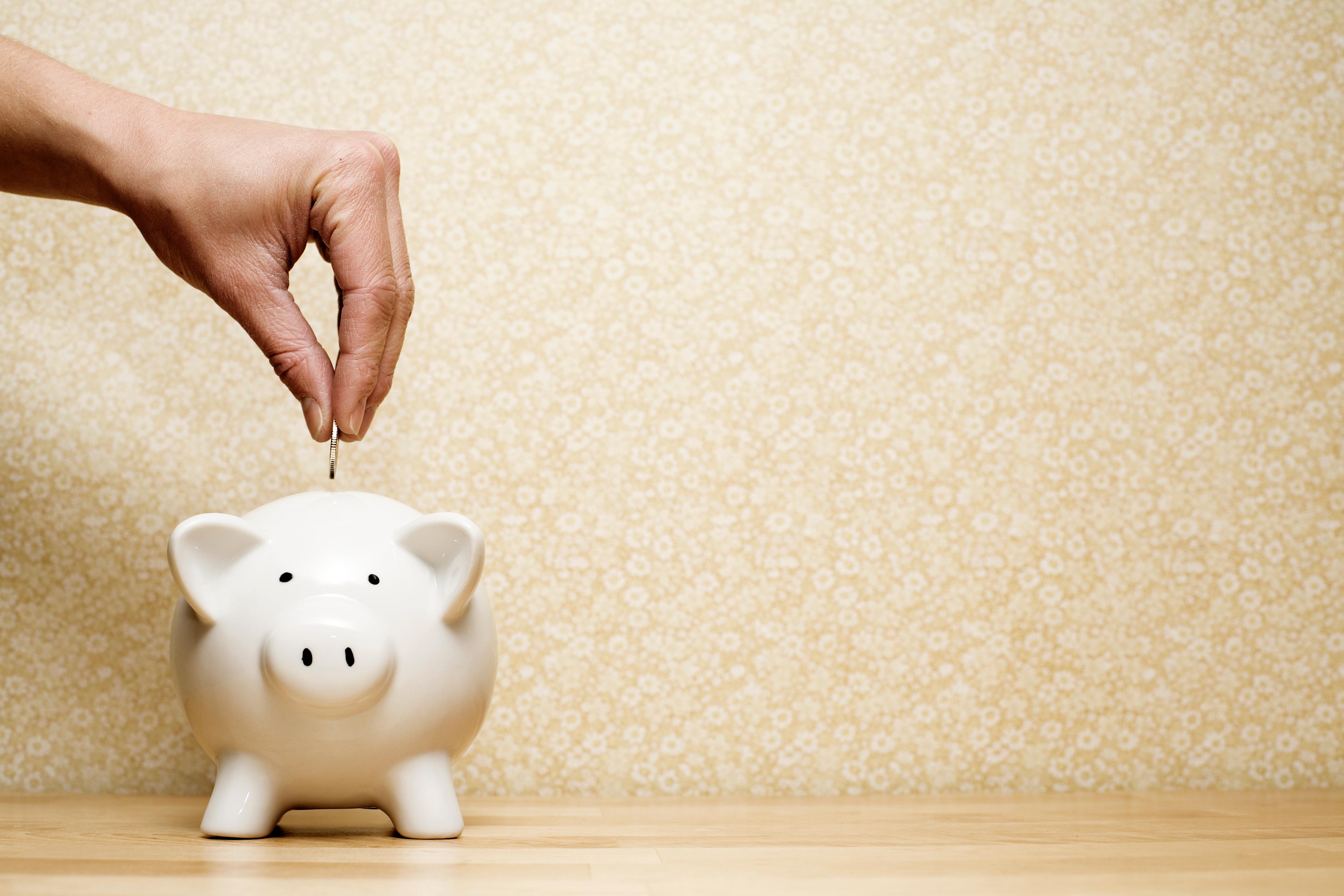 A hand dropping a coin into a piggy bank.