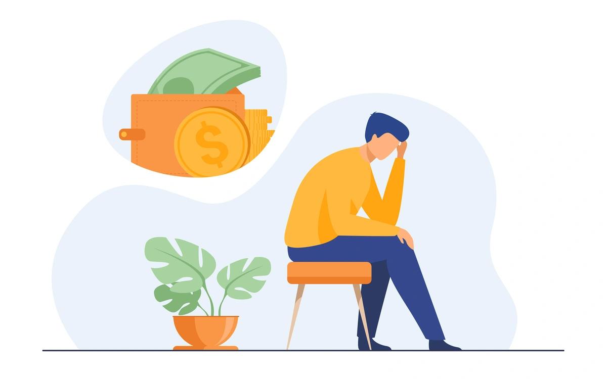 Colourful illustration of person looking distressed while thinking about money