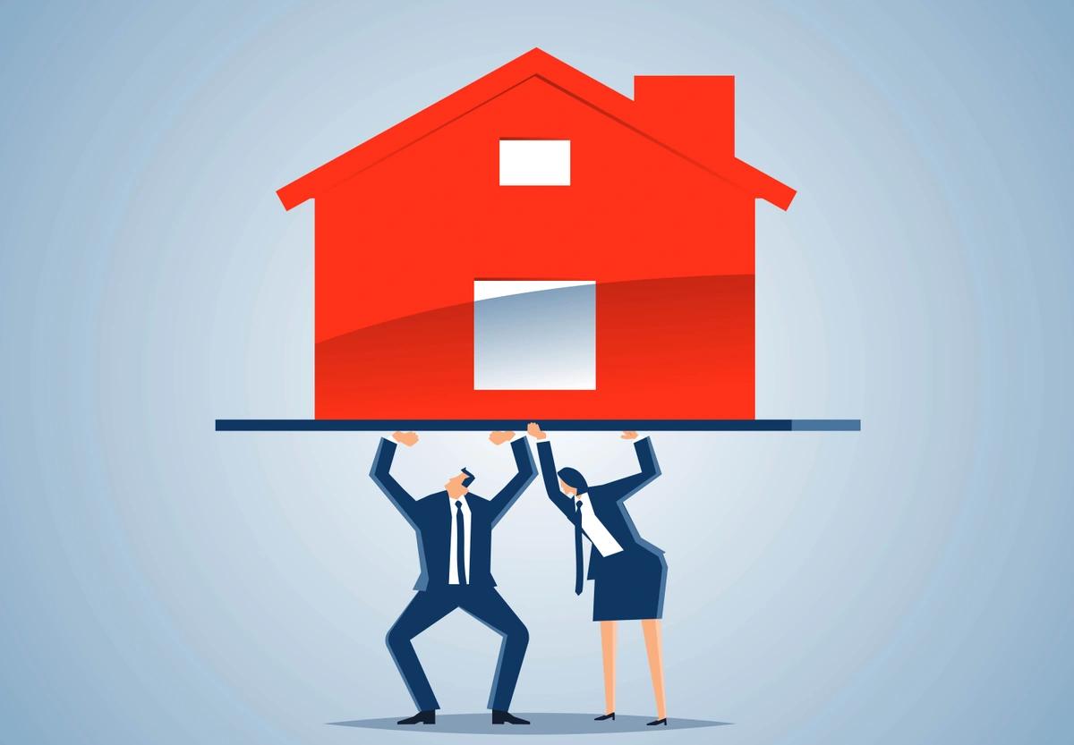 An illustration of two people holding up a house on a board to symbolise interest rates holding.