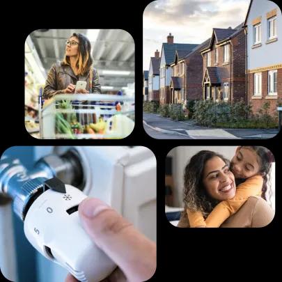 4 panel image: clockwise: a row of houses, child with arms wrapped around mother (presumed), a hand adjusting a radiator knob, a woman pushing a shopping trolly in a supermarket