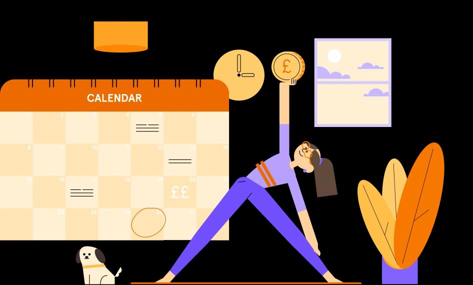 Person doing yoga next to a calendar with coin